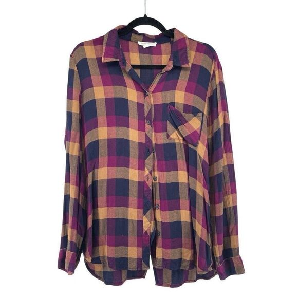 BeachLunchLounge Women’s Jewel Tone Purple Plaid Button Front Top Large - Picture 4 of 14